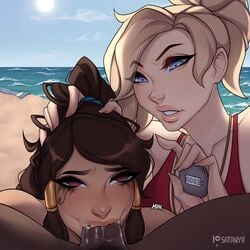 1boy 2girls angela_ziegler asphyxiation assisted_fellatio balls_deep bangs beach big_penis blizzard_entertainment blonde_hair blue_eyes blush brown_hair dark-skinned_male dark_skin deepthroat empty_eyes female hand_on_head heart-shaped_pupils interracial lifeguard lifeguard_mercy lifeguard_pharah male mercy ocean overwatch penis pharah ponytail runny_makeup satanya stopwatch tagme threesome watch