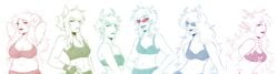 6girls aradia_megido bra breasts ear_piercing eye_patch fangs feferi_peixes fins glasses homestuck horns kanaya_maryam long_hair ms_paint_adventures nepeta_leijon open_mouth panties playbunny sharp_teeth short_hair sports_bra terezi_pyrope troll vriska_serket white_background white_hair white_skin