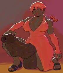 1futa areola_slip areolae_slip arm_sleeves balls big_balls big_breasts breast_imprints breasts cock_vore dark-skinned_futanari dark_skin dickgirl dress earrings erection female futa_focus futanari huge_balls huge_cock hyper_penis kneeling large_breasts lipstick looking_at_viewer modeseven nail_polish penis precum red_hair sandals solo_focus testicles vore