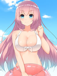 blue_eyes breasts classroom_of_the_elite cleavage clenched_hand cloud day female highres holding_object ichinose_honami_(cote) innertube large_breasts long_hair looking_at_viewer lux_(artist) navel outdoors pink_hair sky smile solo very_long_hair youkoso_jitsuryoku_shijou_shugi_no_kyoushitsu_e