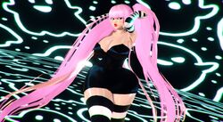 1girls 3d big_breasts black_dress elbow_gloves female female_focus female_only fingerless_gloves gloves hands_behind_head honey_select large_breasts lips long_hair one_piece perona pink_hair prevence red_lips reference_work solo_female striped_gloves striped_legwear thick_thighs thighs twintails very_long_hair