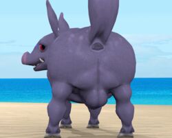 3d animal_anus animal_genitalia anus ass balls beach blender_(software) feral genitals hooves kelpaz looking_at_viewer looking_back male mammal presenting presenting_anus presenting_hindquarters purple_body sea seaside solo suina tusks water