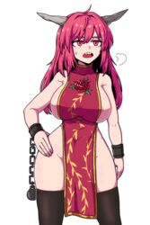 areola_slip areolae black_legwear chains female formicid hand_on_hip horns ibaraki_douji_(touhou) kasen_ibaraki large_breasts long_hair naked_tabard no_panties oni oni_horns open_mouth pink_hair sharp_teeth tabard thighhighs thighs touhou