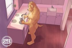 2019 5_toes anthro barefoot biceps bird's-eye_view bird_dog blonde_hair bruteandbrawn canid canine canis chest_tuft cooking cookware counter cup cupboard detailed detailed_background digital_media_(artwork) domestic_dog egg food frying_pan fur genitals golden_retriever hair high-angle_view humanoid_genitalia humanoid_penis hunting_dog inside kettle kitchen kitchen_utensils looking_down male mammal morning muscular muscular_anthro muscular_male nude oven pecs penis plant retriever side_view sink smile solo solo_male standing toes tools tuft watermark window wooden_floor yellow_body yellow_fur