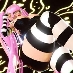 3d big_breasts black_dress blush breasts female female_focus female_only fingerless_gloves honey_select large_breasts lips one_leg_up one_piece perona pink_hair prevence red_lips reference smile smug striped_legwear thick_thighs thighhighs thighs twintails
