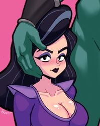 1boy 1girls battletoads big_breasts black_hair blacked_elsa_jean_pose blush breasts caressing_head_next_to_hip cleavage dark_queen faceless_male highres interspecies kneeling long_hair looking_at_viewer meme profit simple_background