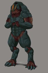 alien clitoris cracking_knuckles earth_ookami_iram female genitals hi_res krogan looking_at_viewer mass_effect muscular muscular_female no_humans nude orange_eyes pussy scar solo standing video_games