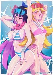 2girls angel animated being_photographed big_breasts bikini blush breasts camera camera_flash closed_eyes demon female female_only kajinman large_breasts lips panty_&_stocking_with_garterbelt panty_anarchy shimapan shiny_skin small_breasts stocking_anarchy thick_lips thick_thighs thighs yellow_hair