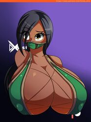 1girls 2d big_breasts bust_portrait busty d-xross dark-skinned_female dark_skin female female_only gigantic_breasts huge_breasts jade_(mortal_kombat) mortal_kombat ninja nipple_bulge solo solo_female tagme