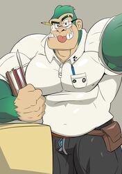 anthro badge badges books breast_pocket bulge eyebrow_piercing eyebrow_raise fully_dressed furry gay glasses gorilla green_fur looking_at_viewer male male_only nerd pencil pencil_on_ear pocket satchel selfie smiling solo thy_carker thymilph tight_clothing tongue tongue_out underwear unzipped_fly