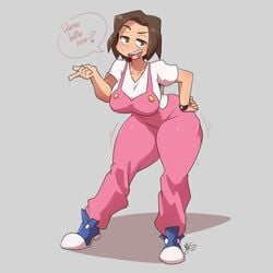 1:1 1girls arika_amazake big_breasts blush brown_eyes brown_hair busty erika_amazake eye_contact female grey_background looking_at_viewer medabots medarot mrsakai overalls ryousakai shoes short_hair speech_bubble tagme text thick_thighs thighs wide_hips