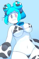 1girls barely_clothed barely_contained barely_covered belly_button bellybutton bikini bikini_bottom bikini_top blue-chan blue_hair cow_bikini cow_horns cow_print cow_print_bikini cowbell female female_focus female_only heterochromia justirri navel oc pale-skinned_female pale_skin twin_buns