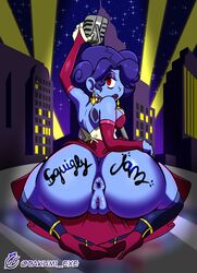 1girls alternate_hairstyle anus ass big_ass blue_hair blue_skin body_writing bottom_heavy eye_contact eyeshadow female high_heels huge_ass large_ass looking_at_viewer looking_back microphone pussy red_eyes skullgirls squigly takumi-exe thick_ass zombie