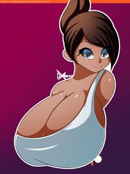 1girls aoi_asahina asahina_aoi bare_shoulders big_breasts blue_eyes brown_hair bust_portrait busty d-xross danganronpa dark-skinned_female female female_only gigantic_breasts huge_breasts large_breasts looking_at_viewer solo solo_female straight_hair tank_top