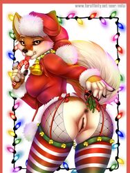 3:4 anthro anus ass breasts candy canid canine christmas claws clitoris clothed clothing female fluffy fluffy_tail food fox genitals hat headgear headwear hi_res holding_object holidays licking_object mammal mifa mistletoe open_mouth partially_clothed plant presenting presenting_anus presenting_hindquarters presenting_pussy pussy santa_hat simple_background solo teeth text tongue tongue_out url yellow_eyes