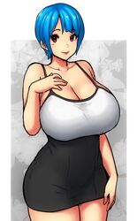 blue_hair cleavage curvaceous curvy errorkazoo female huge_breasts looking_at_viewer rina_atherina_(errorkazoo) short_hair smiling thick_thighs tight_clothing