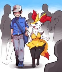 1boy 1boy1girl 1girls anthro blush braixen breasts canine child_bearing_hips cute embarrassed female furry human interspecies interspecies_relationship mammal nintendo omikuro open_mouth paws pokémon_(species) pokemon pokemon_(species) red_eyes red_hair tail thick_thighs wholesome wide_hips yellow_body yellow_fur