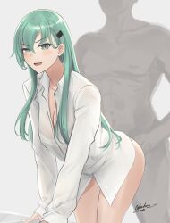 1boy aqua_hair artist_name blush breasts cleavage collarbone collared_shirt cowboy_shot female green_eyes hair_between_eyes hair_ornament hairclip highres kantai_collection long_hair long_sleeves odachu open_clothes open_mouth open_shirt shirt signature suzuya_(kantai_collection) white_shirt