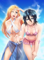 2girls big_breasts bikini black_hair bleach blue_eyes breasts dress female female_only inoue_orihime kuchiki_rukia long_hair looking_at_viewer midriff one_eye_closed open_mouth orange_hair sakuya_(liao_kj) small_breasts smile swimsuit transparent_clothing