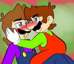 2boys blue_eyes blush brother/brother brothers brown_hair clothed clothing gay incest luigi male_only mario mario_(series) moustache nintendo nuigi sug5 tagme yaoi