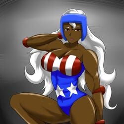 american_flag breasts cleavage dark-skinned_female dark_skin eek!_the_cat looking_at_viewer muscles muscular_female platinum_(eek_the_cat) seductive singlet white_hair wrestler