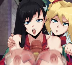 1boy 2girls alternate_breast_size areolae big_breasts black_hair bleach blonde_hair blue_eyes breasts burn_the_witch green_eyes hair_ornament huge_breasts large_breasts looking_at_viewer ninny_spangcole nipples noel_niihashi open_mouth paizuri penis penis_between_breasts pinkseito straight tongue tongue_out twintails