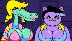 2girls big_breasts black_hair blonde_hair bratty_(undertale) catty_(undertale) clothed edit feline female female_only huge_breasts nipple_bulge pixel_art reptile sabs3 sprite_edit tagme undertale