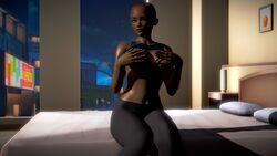 3d bald bed breasts covered_nipples covering dark_skin female hi_res honey_select leggings legwear looking_at_viewer night original_character partially_clothed professionalbean solo solo_female