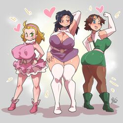 1:1 3girls :p annika_(medabots) armpits big_breasts blue_eyes blush boots breasts female gloves green_eyes grey_background hairband high_heel_boots huge_breasts huge_thighs large_breasts legwear margareta_(medabots) medabots medarot mrsakai pantyhose ryousakai siri_(medabots) thick_thighs thighs wide_hips