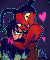 1boy 1girls adult_swim beard black_eyes black_hair bra brown_skin cartoon_network dark-skinned_female dark_skin extra_thicc_rave_girl eyelashes female half_naked icecry interracial light-skinned_male light_skin lipstick long_hair male partially_clothed rave_girl_(samurai_jack) red_lips red_lipstick samurai_jack samurai_jack_(character) straight twintails yellow_sclera