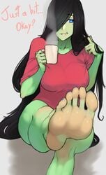 1girls barefoot big_breasts blue_toenails breasts christmas coffee_cup cup feet female female_only foot_fetish green-skinned_female green_skin large_breasts nina_orc orc orc_female original presenting presenting_feet scas soles solo toes