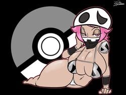 1girls arm_support bandana bandana_over_mouth barefoot bedroom_eyes bikini breasts cleavage eyelashes feet female female_only female_team_skull_grunt full_body half-closed_eyes hand_on_own_cheek hat highres huge_breasts human jyto looking_at_viewer lying mask matching_hair/eyes midriff mouth_mask navel on_side pink_eyes pink_hair pinup poke_ball pokemon pokemon_sm posing rapp_(pokemon) shiny_skin short_hair shoulder_tattoo signature skimpy skindentation solo tattoo team_skull team_skull_grunt team_skull_grunt_(female) thick_thighs voluptuous