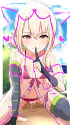 1boy 1girls animal_hood bangs bikini black_legwear blonde_hair blue_sky blush breasts censored collarbone commentary_request covered_nipples cowgirl_position cum cum_in_pussy donutman elbow_gloves fate/grand_order fate_(series) female gloves heart heart_censor highres hood hood_up illyasviel_von_einzbern illyasviel_von_einzbern_(swimsuit_archer)_(fate) index_finger_raised long_hair looking_at_viewer male navel penis pink_bikini raincoat red_eyes revision see-through sex sheer_clothes single_thighhigh sky small_breasts straddling straight swimsuit thighhighs vaginal_penetration white_gloves