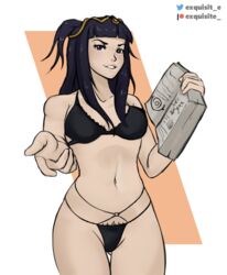 1girls bare_legs black_eyes black_hair black_lingerie book breasts exquisite_ fire_emblem fire_emblem_awakening lingerie looking_at_viewer midriff nintendo reaching_out smile smug solo solo_female tharja_(fire_emblem) the_grovekeeper underwear