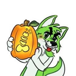 1:1 alpha_channel anthro black_nose bonybones canid canine carving digital_media_(artwork) eyebrows fidget_the_fox food fox fruit fur genitals green_body green_eyes green_fur hair halloween holidays low_res male male_only mammal pawpads penis plant pumpkin simple_background smile solo teeth telegram telegram_stickers whiskers white_body white_fur