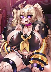 :3 aged_up ass_visible_through_thighs azur_lane bache_(azur_lane) big_breasts blonde_hair choker cleavage collar fishnets groping_self hat huge_breasts mature_female osiimi purple_eyes spread_legs thick_thighs thighhighs twintails