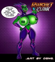 1girls alien alien_girl areolae athletic bare_shoulders big_lips bodysuit breasts busty curvaceous curves curvy curvy_female curvy_figure curvy_hips dialogue dsng english english_text eyelashes female female_only fit fit_female green_eyes green_skin hips hourglass_figure huge_breasts midriff navel pinup pose posing puffy_nipples ratchet_and_clank rilgarian_(ratchet_and_clank) skin_tight solo starlene_(ratchet_and_clank) thick_lips thick_thighs voluptuous waist watermark wide_hips