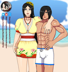 1boy 1girls abs amaterasu_(smite) asian beach black_hair breasts bulge cleavage dark-skinned_male dark_skin darkus_(theobscureone) deity earrings eyeshadow female goddess headband human husband_and_wife interracial interspecies japanese_mythology large_breasts lipstick long_hair male milf muscles muscular muscular_male nail_polish necklace ocean ponytail ring smiling smite summer teaser theobscureone trunk wedding_ring