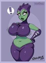 1girls alien alien_girl alternate_version_available athletic bare_shoulders big_breasts big_lips bodysuit breast_expansion breast_growth breasts bust busty curvaceous curves curvy curvy_female curvy_figure curvy_hips expansion eyelashes female female_focus female_only fit fit_female green_eyes green_skin growth hips hourglass_figure huge_breasts imadeej large_breasts midriff navel pinup pose posing ratchet_and_clank rilgarian_(ratchet_and_clank) seductive skin_tight solo starlene_(ratchet_and_clank) thick_lips voluptuous waist watermark wide_hips