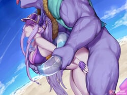 1boy 1girls ambiguous_penetration beach bent_over kumiko_(aleron) large_breasts larger_male lavender_hair league_of_legends long_hair looking_at_viewer mundo_(league_of_legends) outdoor outdoors pool_party_mundo pool_party_series pool_party_syndra purple_hair sex size_difference smaller_female smile swimsuit swimwear syndra very_long_hair