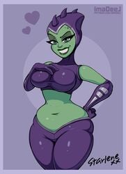 1girls alien alien_girl alternate_version_available athletic bare_shoulders big_breasts big_lips bodysuit breasts bust busty curvaceous curves curvy curvy_female curvy_figure curvy_hips eyelashes female female_focus female_only fit fit_female green_eyes green_skin hips hourglass_figure huge_breasts imadeej large_breasts midriff navel pinup pose posing ratchet_and_clank rilgarian_(ratchet_and_clank) skin_tight solo starlene_(ratchet_and_clank) thick_lips voluptuous waist watermark wide_hips woman