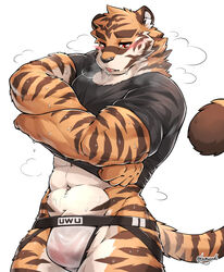 abs anthro black_clothing black_shirt black_topwear blush bodily_fluids breath clothed clothing dripping felid fur hi_res jockstrap kamyuelo looking_down male male_only mammal muscular muscular_anthro muscular_male navel open_mouth pantherine red_eyes shirt simple_background solo steam striped_body striped_fur stripes sweat tiger topwear underwear undressing wet wet_clothing wet_underwear white_background white_clothing white_underwear