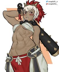 1girls abs clothed dark-skinned_female dark_skin exquisite_ face_tattoo female fire_emblem fire_emblem_fates lips looking_at_viewer medium_breasts muscular muscular_female nintendo red_eyes rinkah_(fire_emblem) solo solo_female tattoo the_grovekeeper weapon white_hair