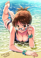 akizuki_ritsuko barefoot beach bikini brown_hair feet feet_up female female_only glasses idolmaster takatsuki_p