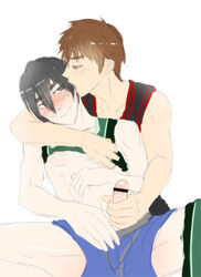 2boys bar_censor basketball_uniform blush brown_hair censored_penis handjob kuroko_no_basuke makoto_hanamiya male/male male_only penis teppei_kiyoshi white_background yaoi