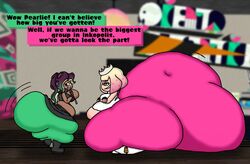 2girls allstarman big_ass boots breasts colossal_ass dark_skin english_text fat female gigantic_ass huge_ass hyper hyper_ass hyper_butt immobile inkling marina_(splatoon) nintendo obese octoling off_the_hook_(splatoon) pearl_(splatoon) splatoon text thick_thighs thighs zipper