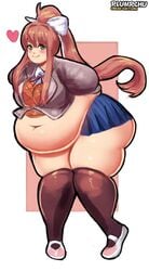 1girls big_belly brown_hair chubby doki_doki_literature_club fat green_eyes hairbow huge_ass huge_belly monika_(doki_doki_literature_club) obese overweight plumpchu skirt smiling thick_thighs