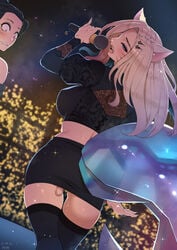 2girls abbb ahri animal_ears back bare_shoulders black_legwear black_skirt blonde_hair blue_hair blush crowd dated drooling eyeshadow facial_mark fingernails fox_ears fox_girl green_eyeshadow heart highres holding holding_microphone k/da_all_out_ahri k/da_all_out_kai'sa k/da_all_out_series k/da_series kai'sa kitsune league_of_legends long_fingernails long_hair looking_at_another looking_back makeup microphone miniskirt multiple_girls oerba_yun_fang open_mouth puffy_sleeves purple_eyes pussy_juice riot_games saliva see-through sex_toy signature singing skirt sparkle sweat tail teeth tongue upper_teeth vibrator vibrator_under_clothes vibrator_under_panties voyeurism whisker_markings wide-eyed