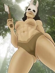 abs ass big_breasts breasts dead_by_daylight dominatrix female fit_female forest g-string hatchet huntress_(dead_by_daylight) lace mask outdoors panties pov pov_crotch puffy_nipples standing_over_viewer thong tits toned_female weapon wide_hips woods