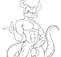 2020 5_fingers abs anthro balls balter_(connivingrat) black_and_white claws connivingrat dragon erection fingers front_view genitals hand_on_hip hi_res horn humanoid_genitalia humanoid_penis line_art looking_aside male male_only monochrome muscular muscular_anthro muscular_male nude penis simple_background solo standing vein veiny_penis white_background